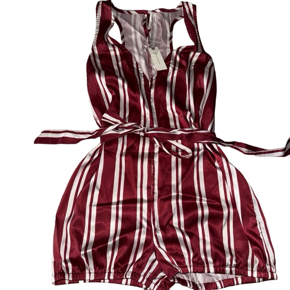 Anthropologie Burgundy and White Silky Pajama Romper Romper